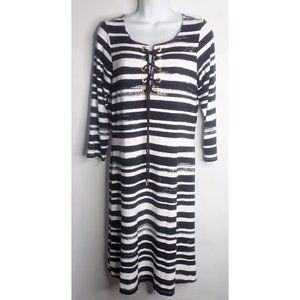 Tommy Bahama Long Sleeve Dress Women M Black White Stripe Gromit Tie Casual‎